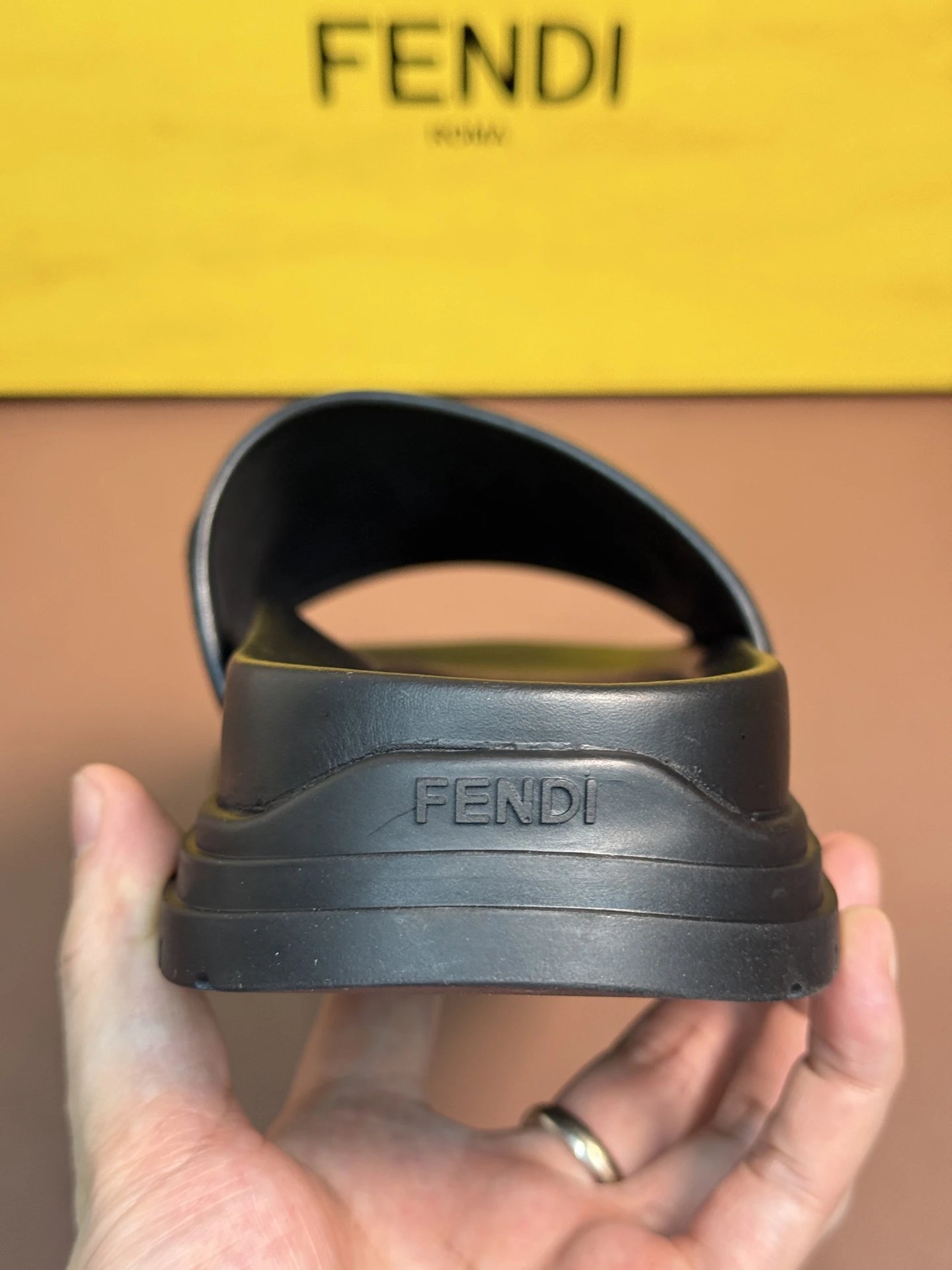 Fendi FF Logo Webbing Slide Sandals Black and Tan Slippers - 4