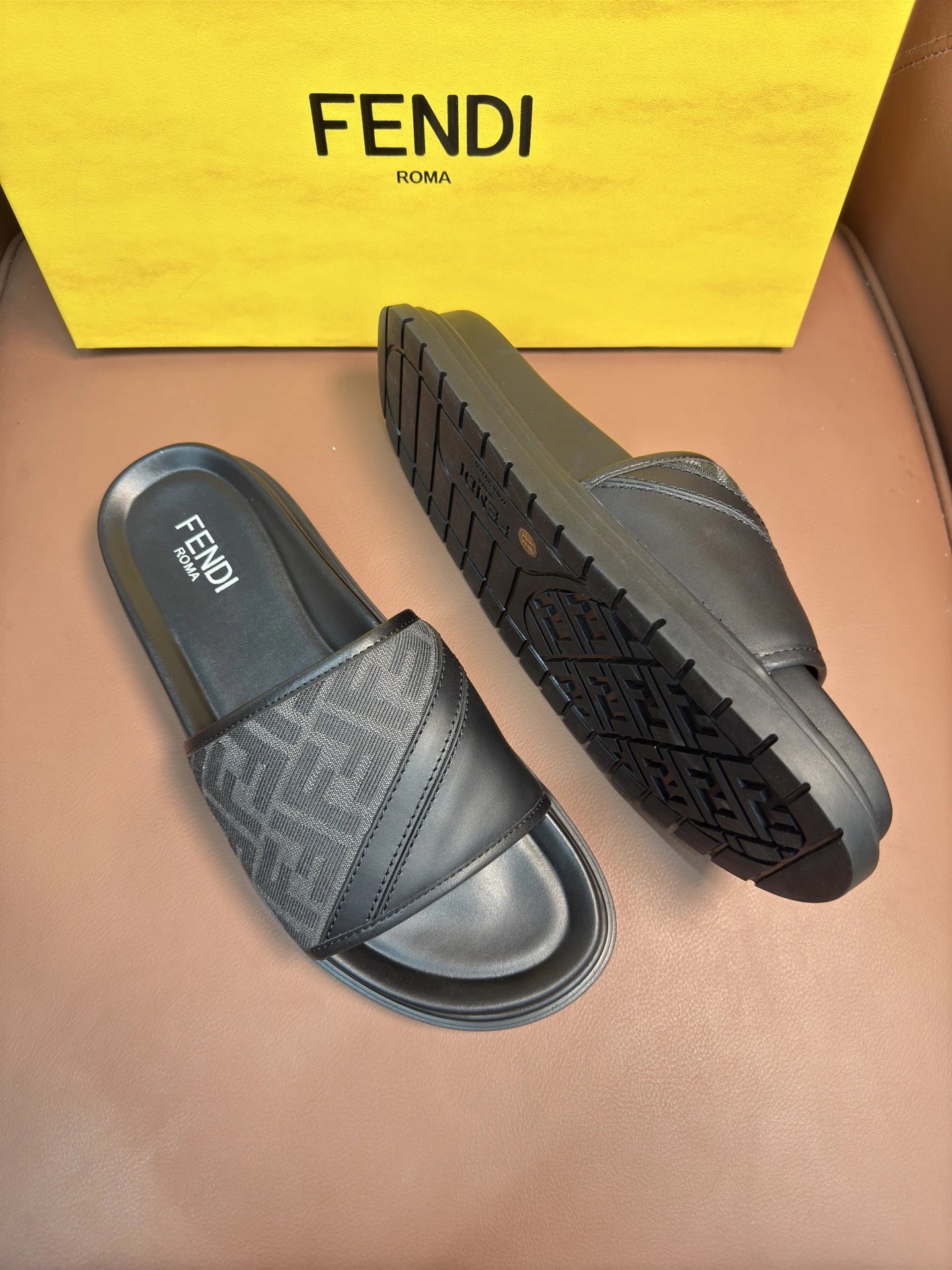 Fendi FF Logo Webbing Slide Sandals Black and Tan Slippers - 9