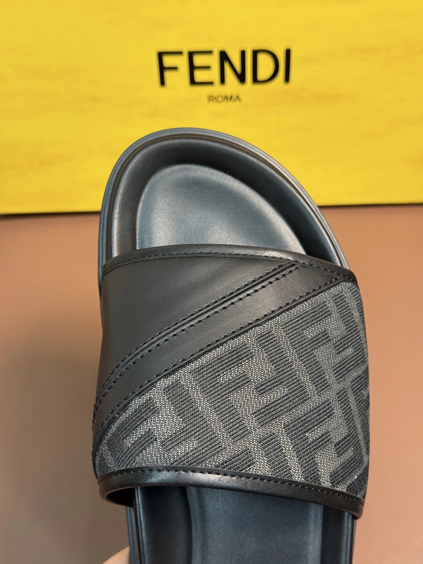 Fendi FF Logo Webbing Slide Sandals Black and Tan Slippers - 5