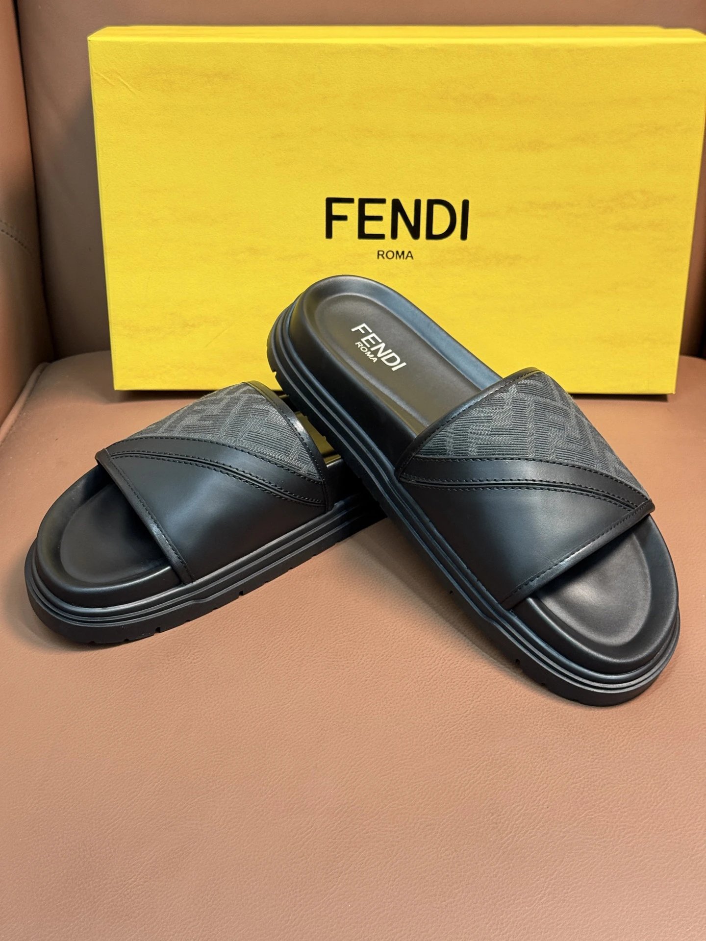 Fendi FF Logo Webbing Slide Sandals Black and Tan Slippers - 8