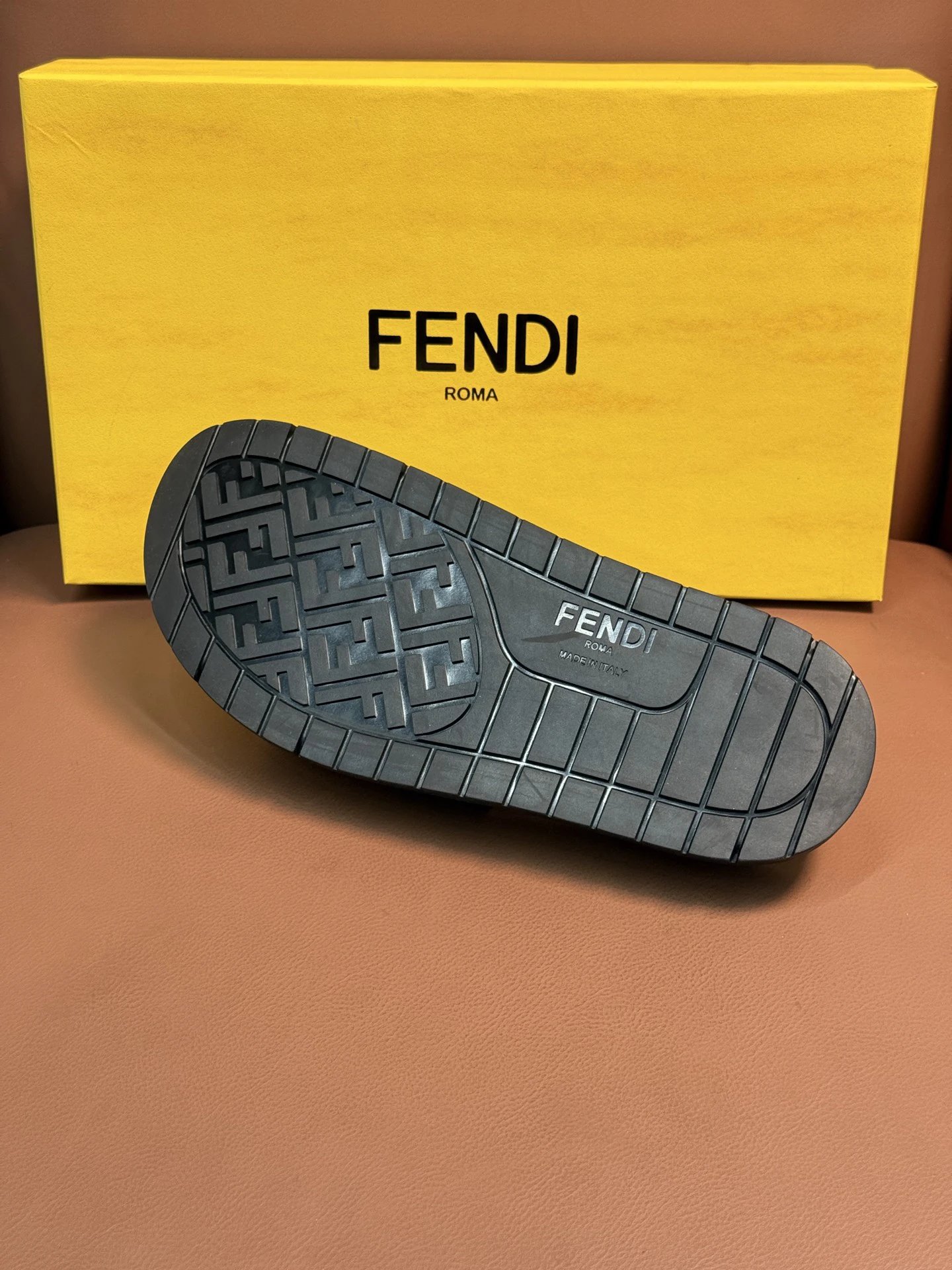 Fendi FF Logo Webbing Slide Sandals Black and Tan Slippers - 6