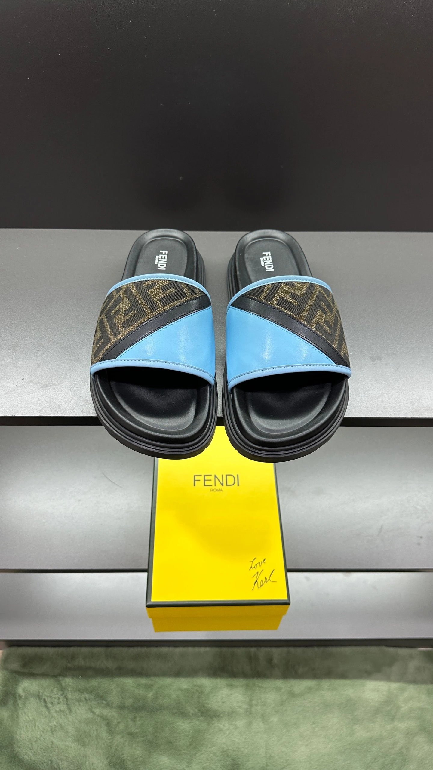 Fendi FF Logo Slide Sandals Light Blue and Black Slippers - 1