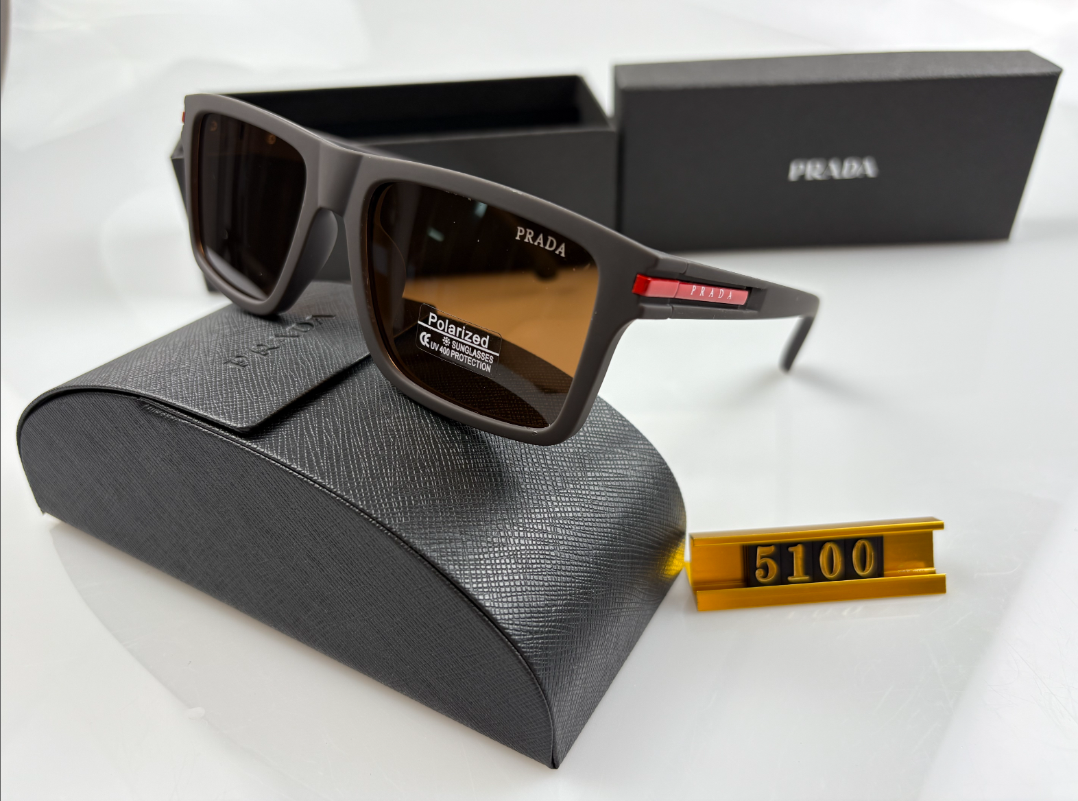 Prada Polarized Sunglasses Matte Gray with Red Detail