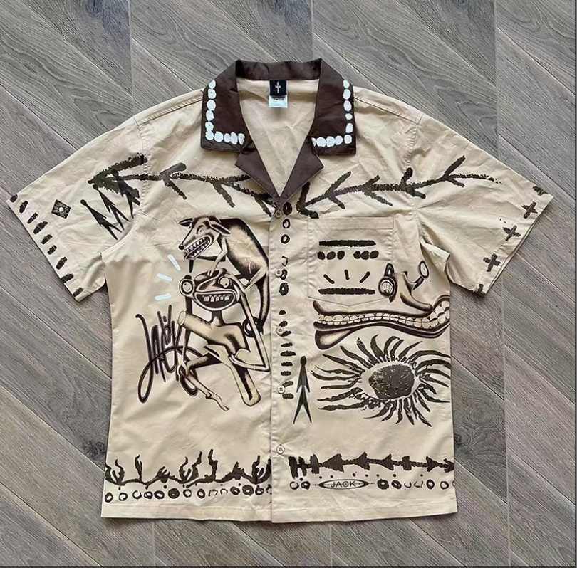 Cactus Jack Khaki Graphic Shirt Retro Street Style Tops