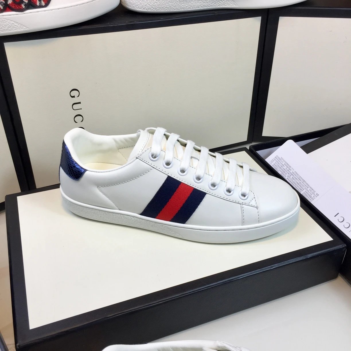 Gucci Ace Leather Sneakers Blue and Red Web White