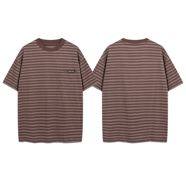 Design Striped Pocket T-Shirt Brown Beige T-Shirt - 1