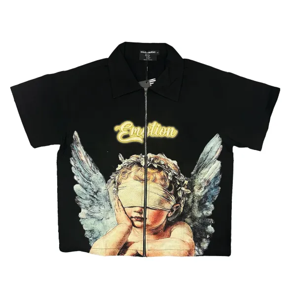 Mixed Motion Emotion Angel Print Black Zip-Up Shirt - 1