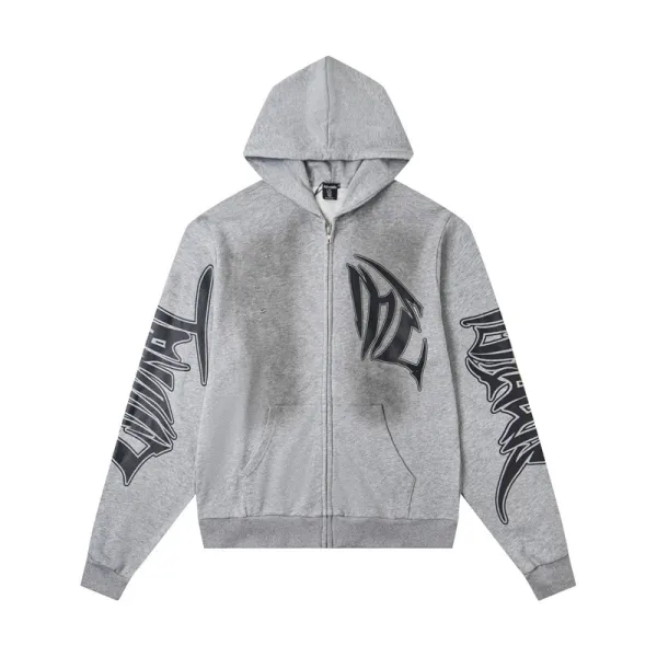 Design Graffiti-Print Zip-Up Hoodie Gray - 1