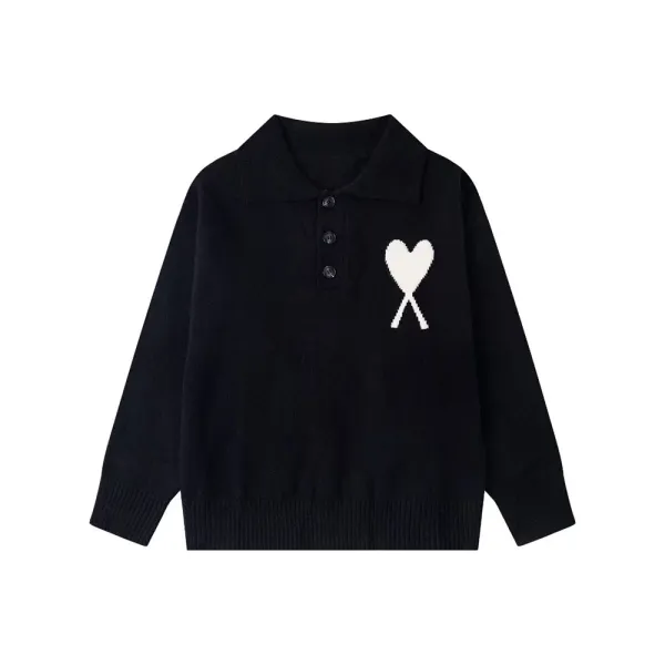 Ami Paris Heart Logo Knit Polo Black Sweater - 1