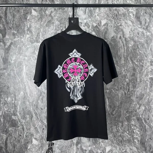 Chrome Hearts Cross Logo Pink and Silver Black T-Shirt - 1