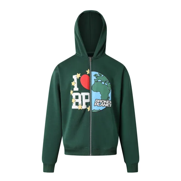 Broken Planet I Love BP Green Zip-Up Hoodie - 1