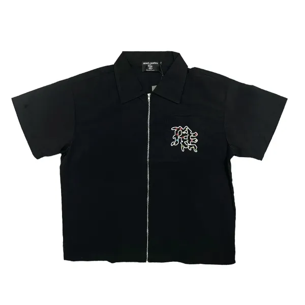 Mixed Emotion Embroidered Zip-Up Shirt Black - 1