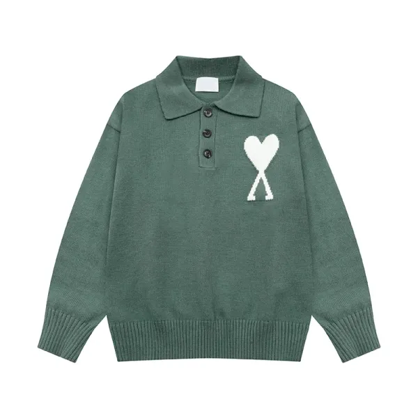 Ami Paris Heart Logo Knit Polo Green Sweater - 1