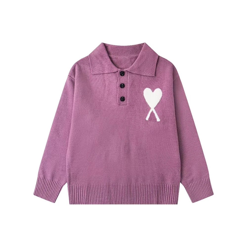 Design Heart-Embroidered Knit Polo Sweater in Mauve - 1