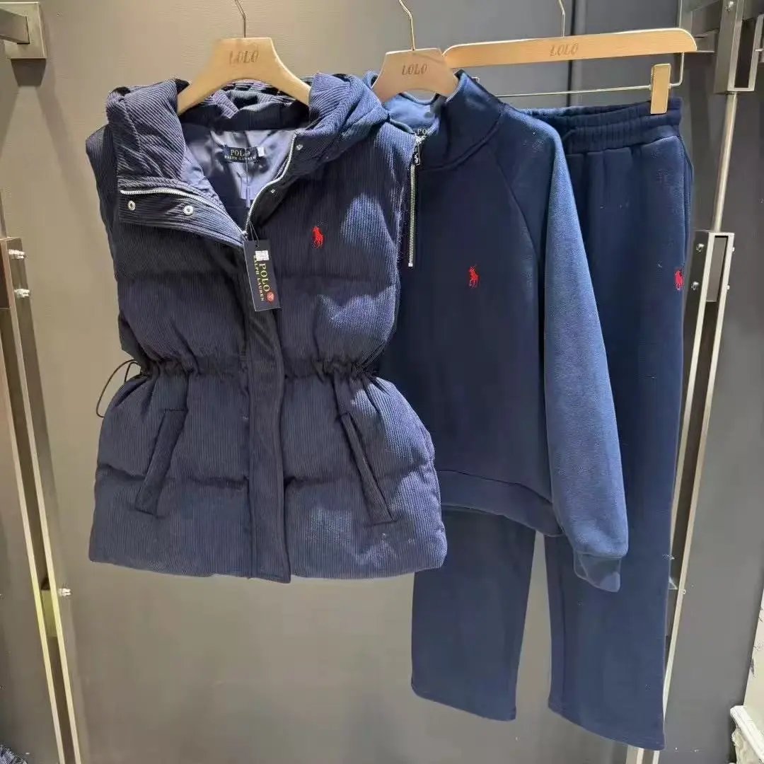 Miu Matching Sets Three-piece set with padded zip vest, hooded sweatshirt and wide-leg trousers image 6