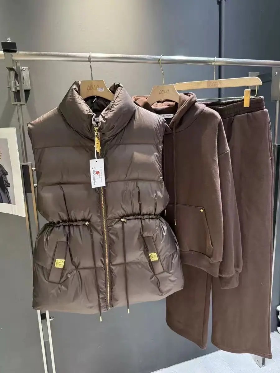 Miu Matching Sets Three-piece set with padded zip vest, hooded sweatshirt and wide-leg trousers — Three-piece set-19