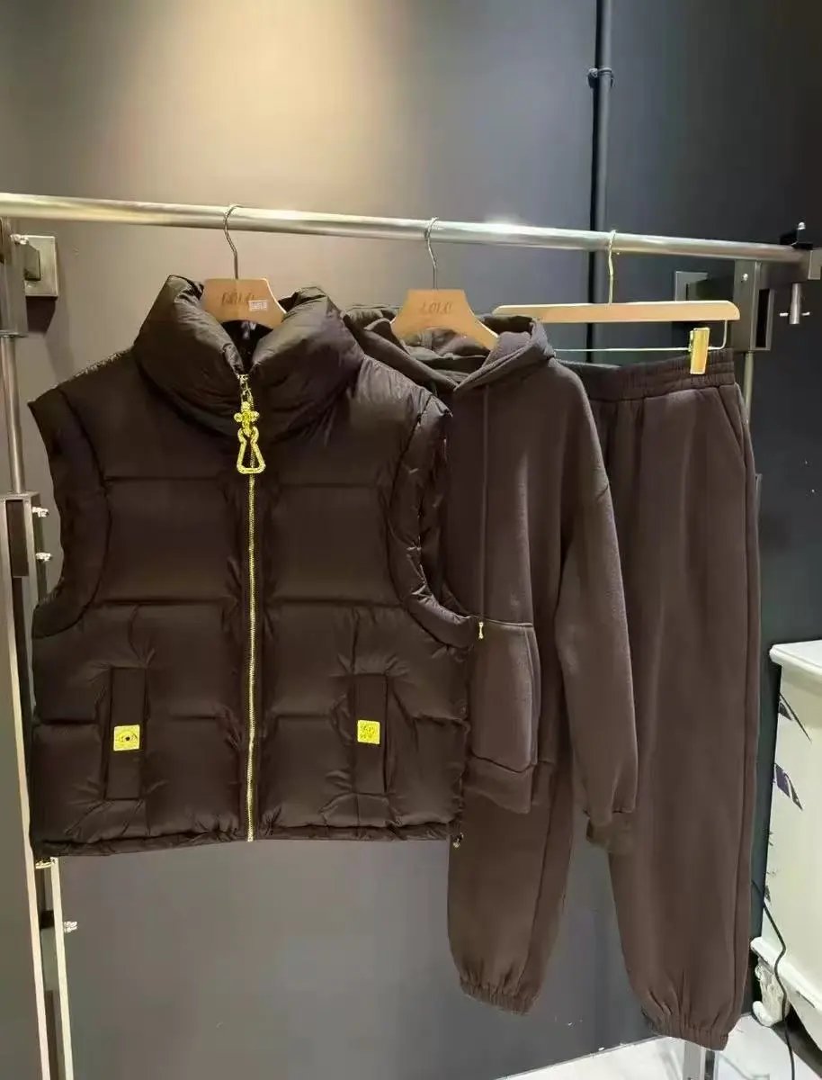 Miu Matching Sets Three-piece set with padded zip vest, hooded sweatshirt and wide-leg trousers — Three-piece set-22