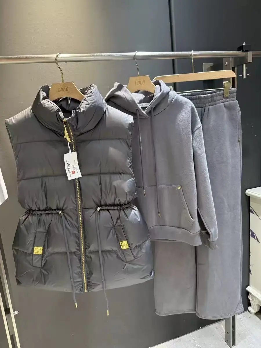 Miu Matching Sets Three-piece set with padded zip vest, hooded sweatshirt and wide-leg trousers — Three-piece set-23