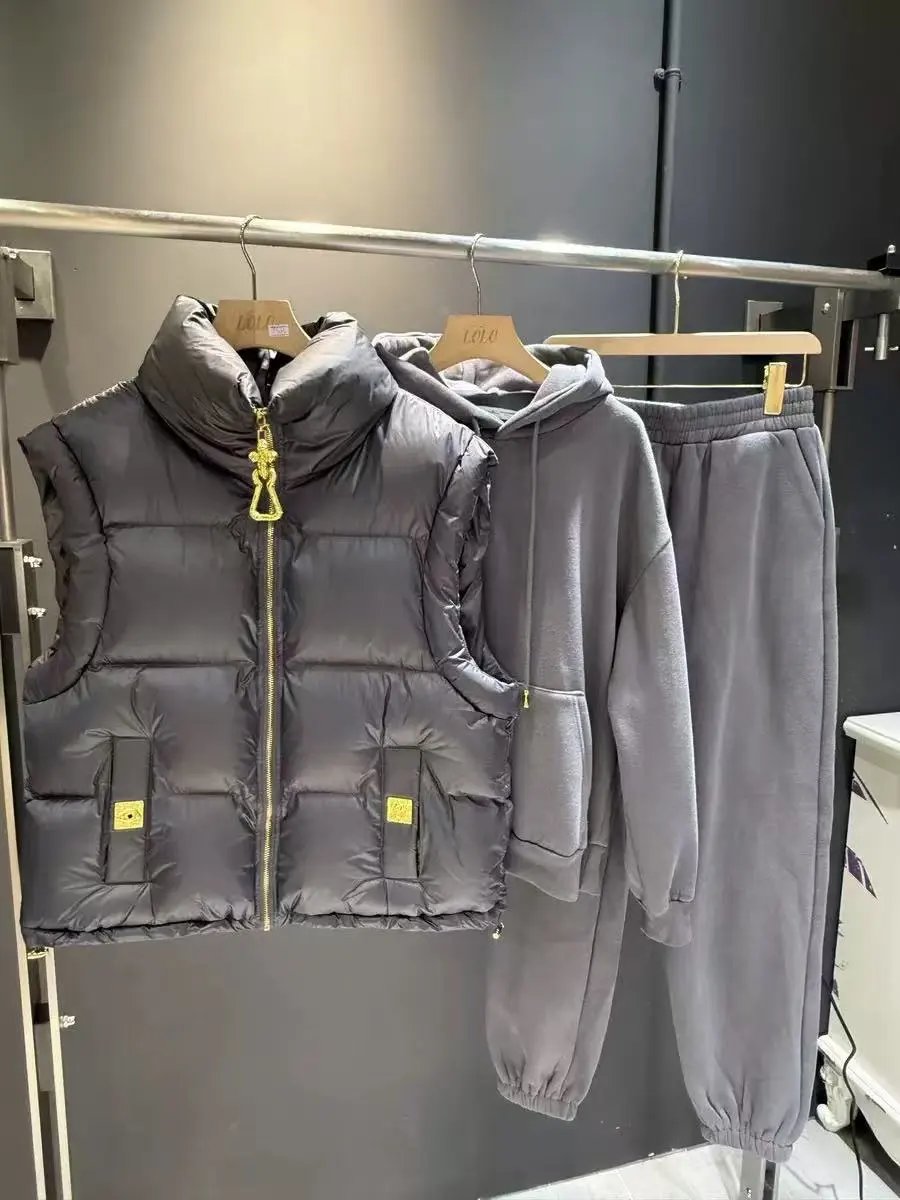 Miu Matching Sets Three-piece set with padded zip vest, hooded sweatshirt and wide-leg trousers — Three-piece set-26
