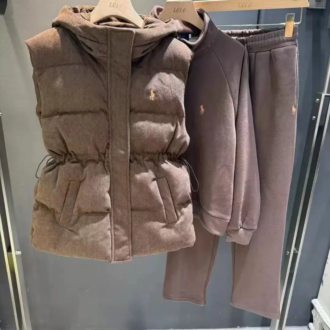 Miu Matching Sets Three-piece set with padded zip vest, hooded sweatshirt and wide-leg trousers image 7