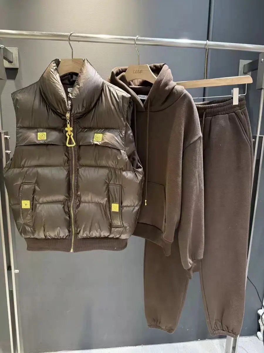 Miu Matching Sets Three-piece set with padded zip vest, hooded sweatshirt and wide-leg trousers — Three-piece set-16