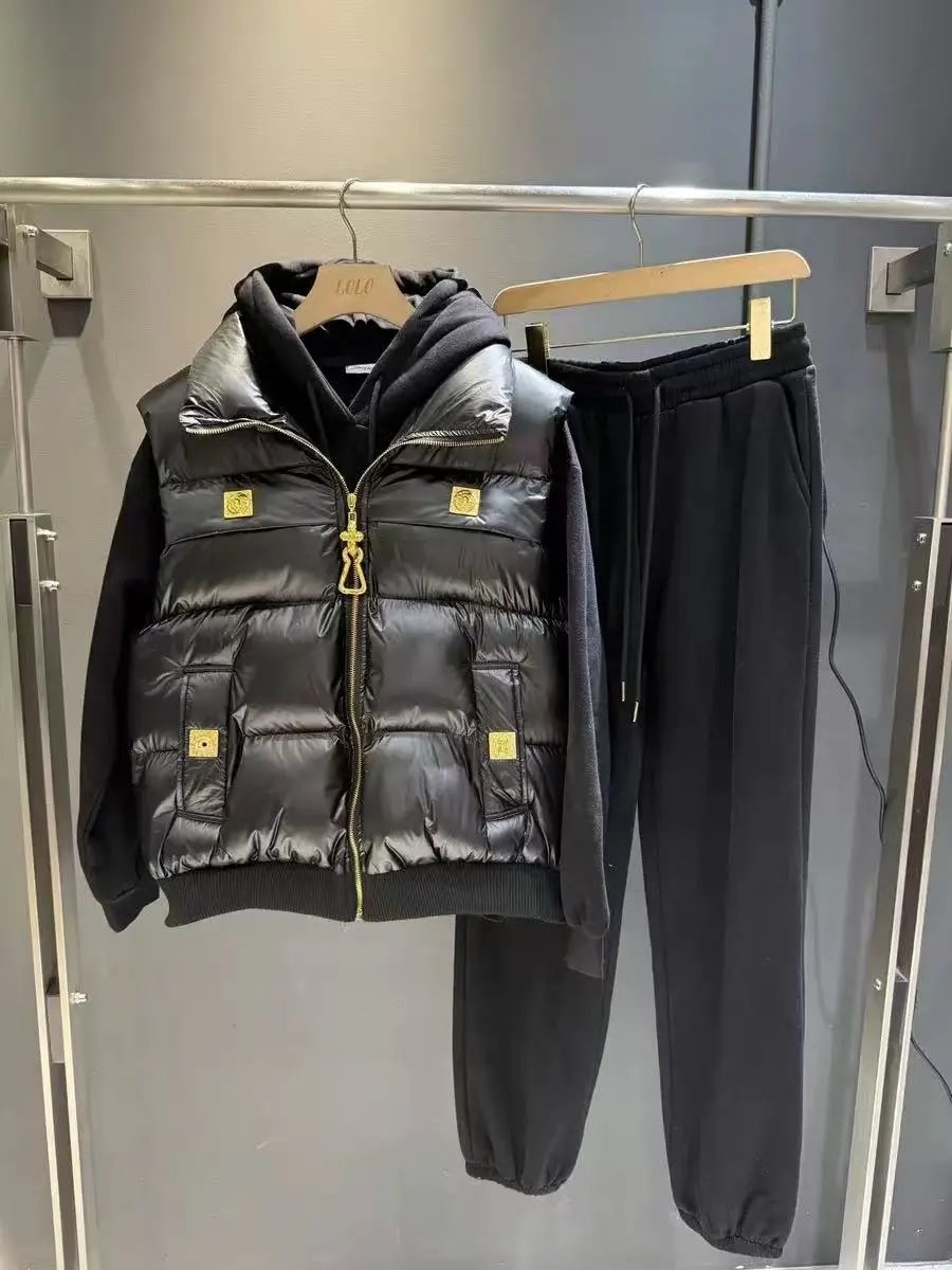 Miu Matching Sets Three-piece set with padded zip vest, hooded sweatshirt and wide-leg trousers — Three-piece set-17