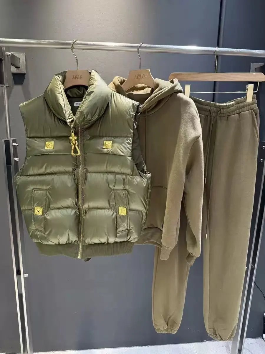 Miu Matching Sets Three-piece set with padded zip vest, hooded sweatshirt and wide-leg trousers — Three-piece set-18