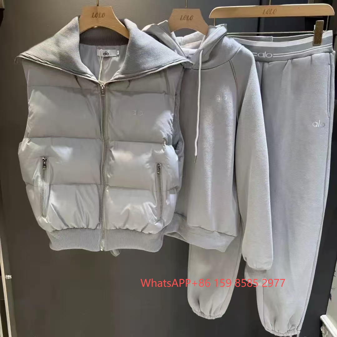 Miu Matching Sets Three-piece set with padded zip vest, hooded sweatshirt and wide-leg trousers — Three-piece set-13