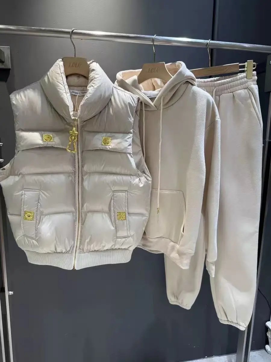 Miu Matching Sets Three-piece set with padded zip vest, hooded sweatshirt and wide-leg trousers — Three-piece set-25