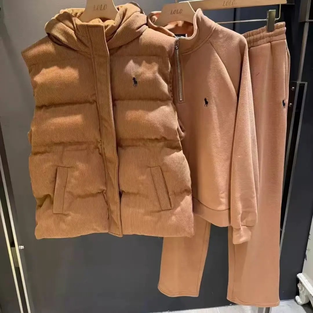 Miu Matching Sets Three-piece set with padded zip vest, hooded sweatshirt and wide-leg trousers image 9