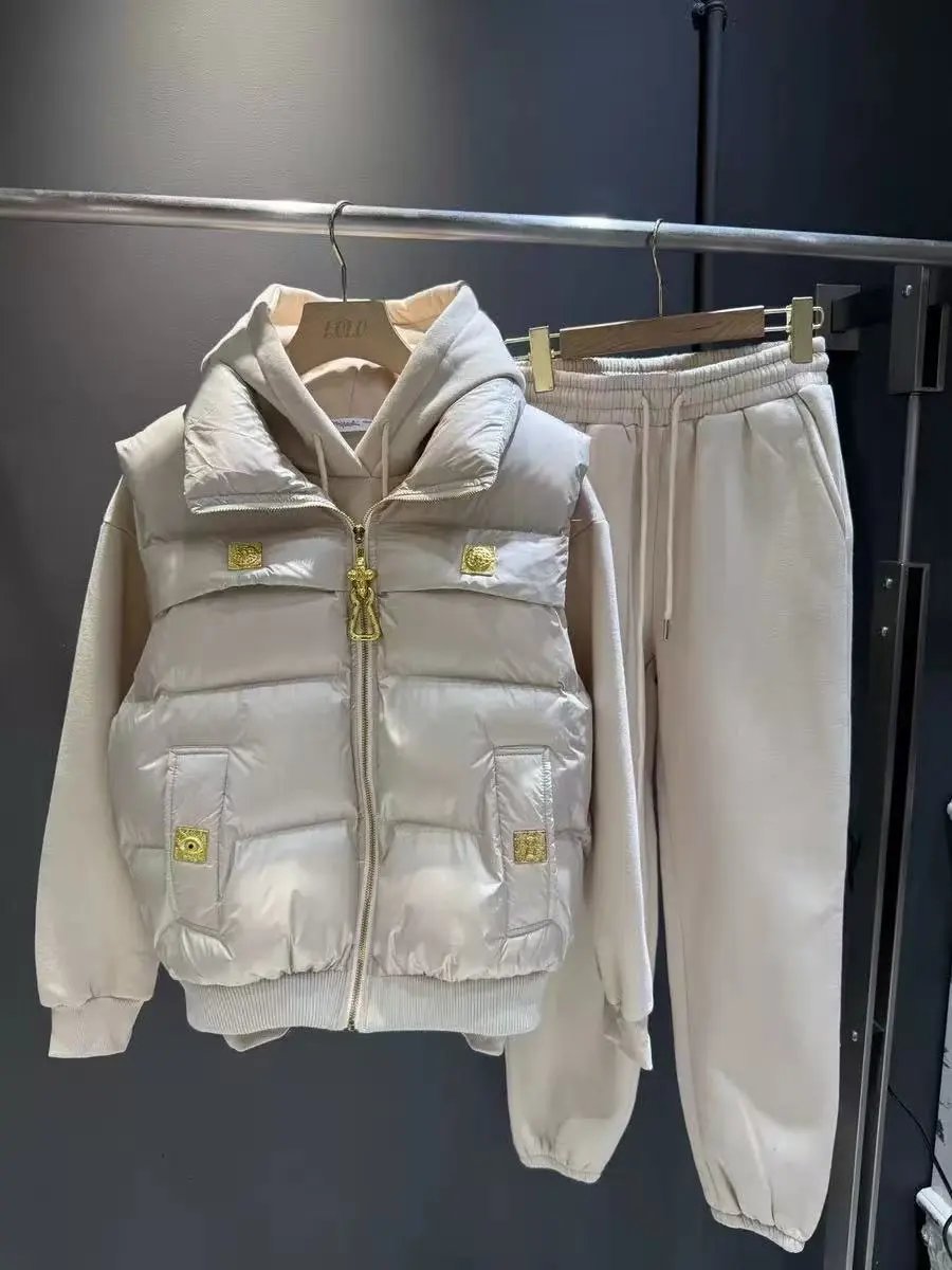 Miu Matching Sets Three-piece set with padded zip vest, hooded sweatshirt and wide-leg trousers — Three-piece set-15