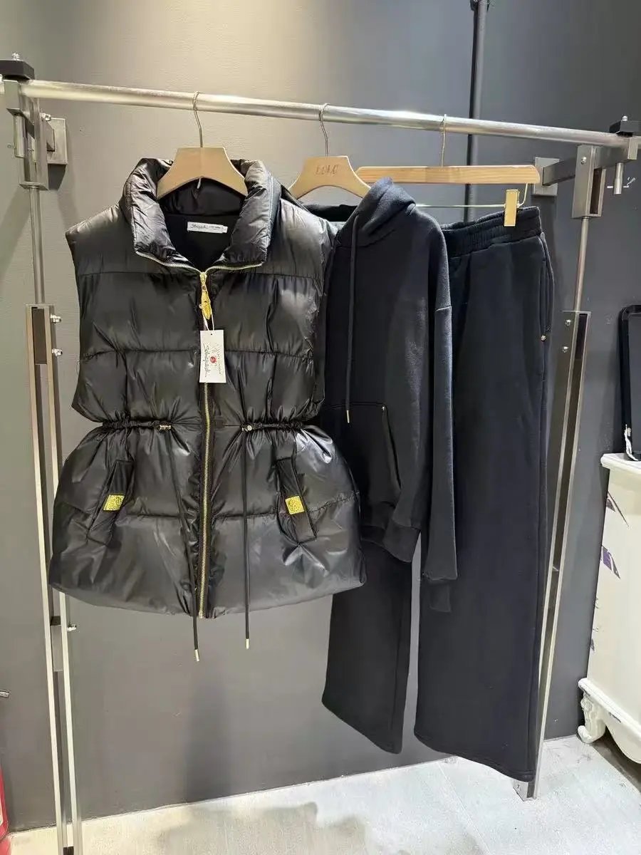 Miu Matching Sets Three-piece set with padded zip vest, hooded sweatshirt and wide-leg trousers — Three-piece set-20