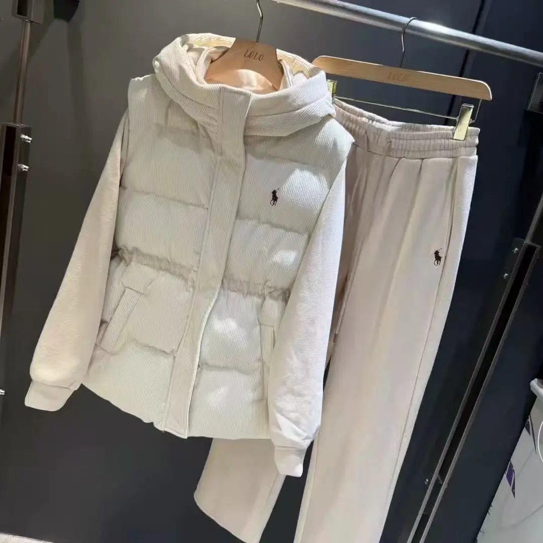 Miu Matching Sets Three-piece set with padded zip vest, hooded sweatshirt and wide-leg trousers image 8