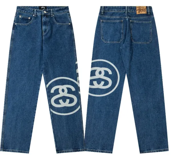 Stüssy x Bape Logo Print Wide-Leg Jeans Blue - 1