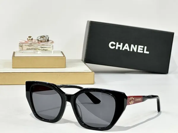 Chanel Cat-Eye Sunglasses Black with Burgundy Temple Accents - 1