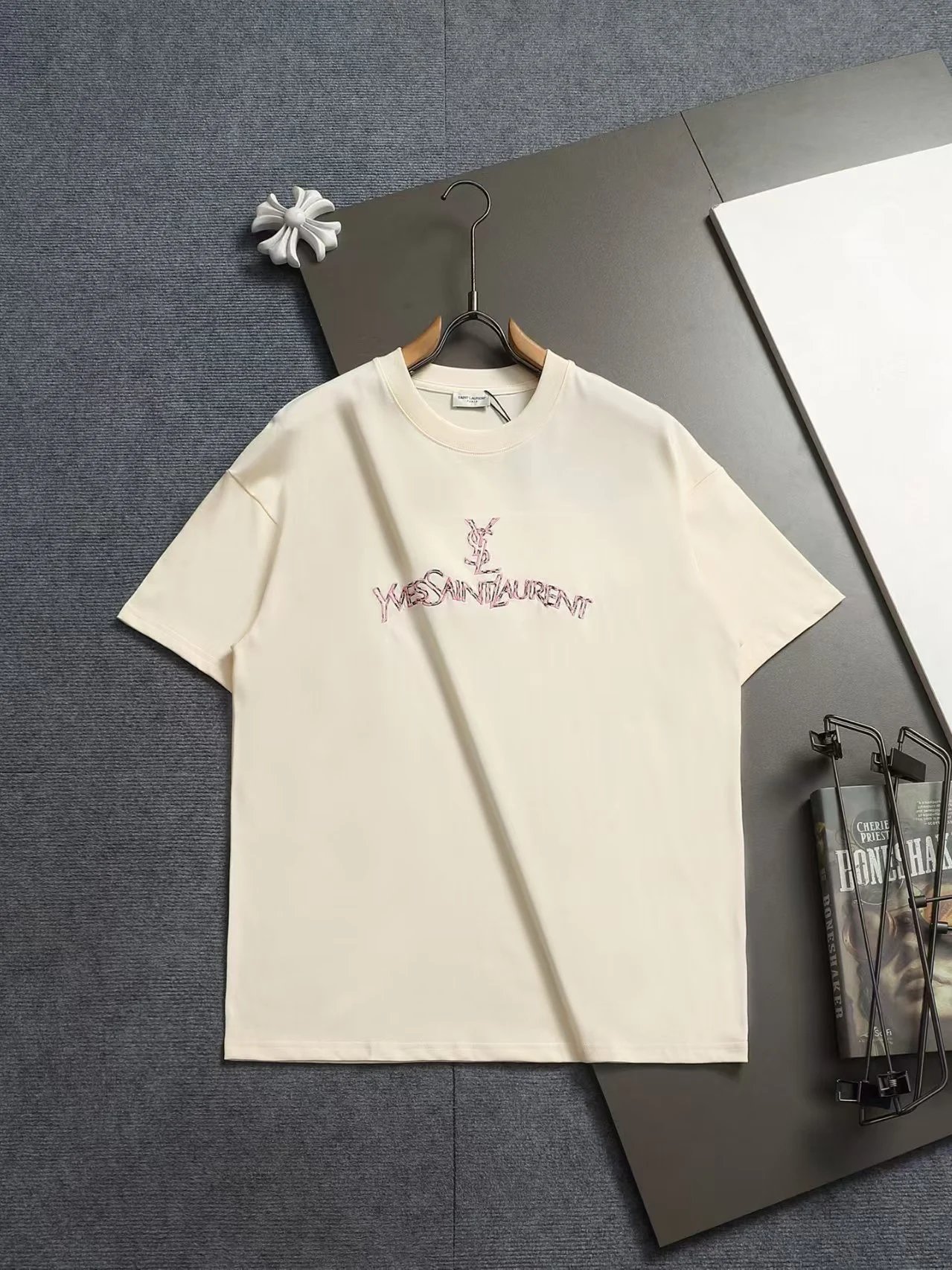 Yves Saint Laurent Embroidered Logo Beige Black Taupe Casual T-Shirt