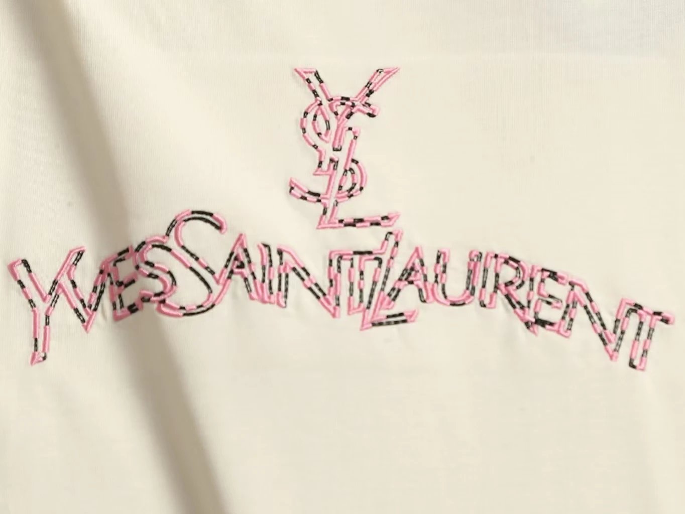 Yves Saint Laurent Embroidered Logo Beige Black Taupe Casual T-Shirt