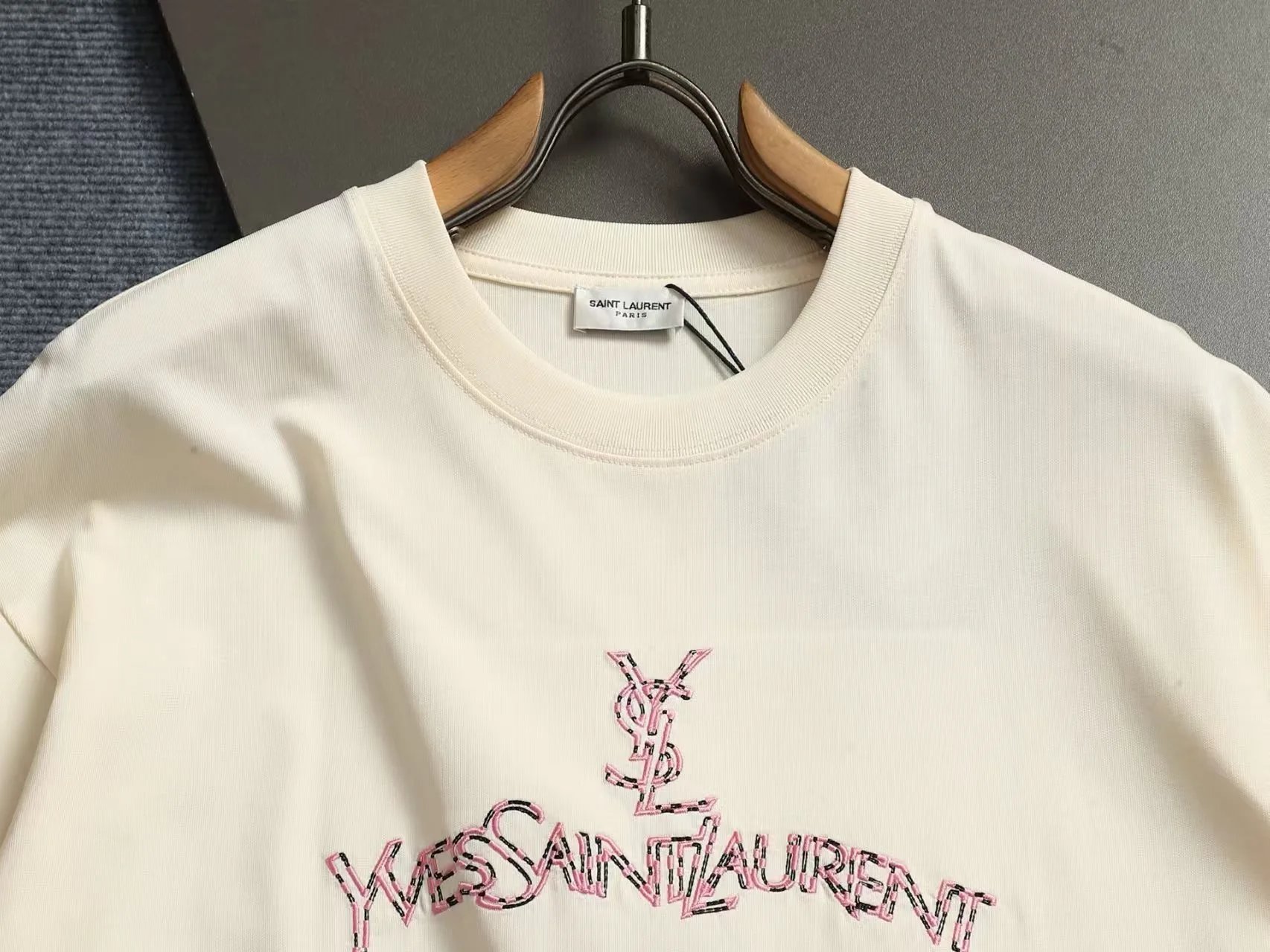 Yves Saint Laurent Embroidered Logo Beige Black Taupe Casual T-Shirt