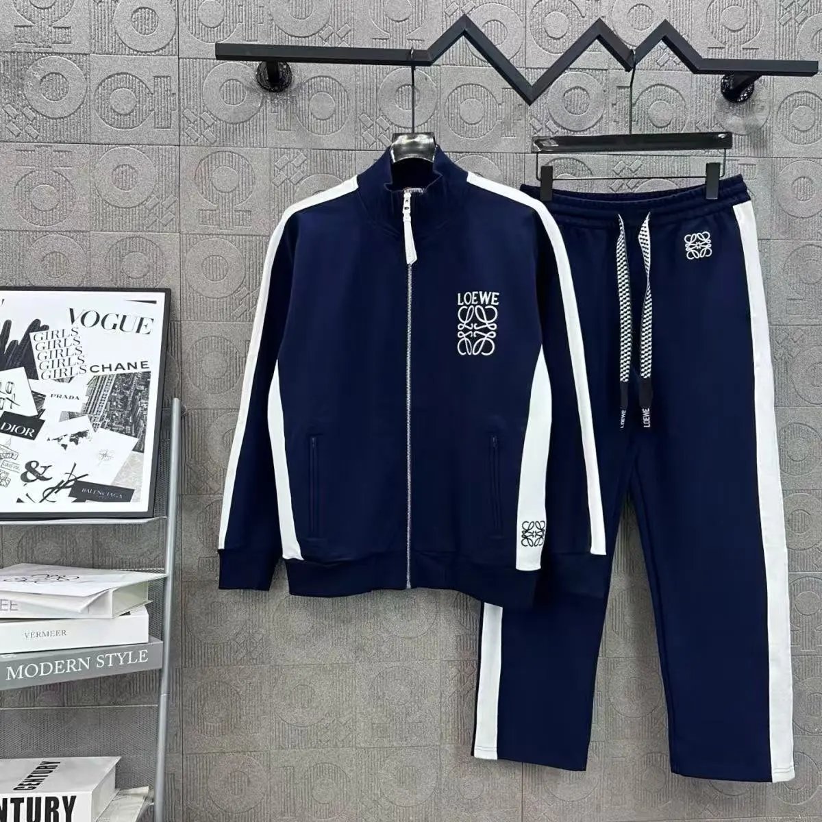 Classic Zip Stand Collar Pants Set Blue White