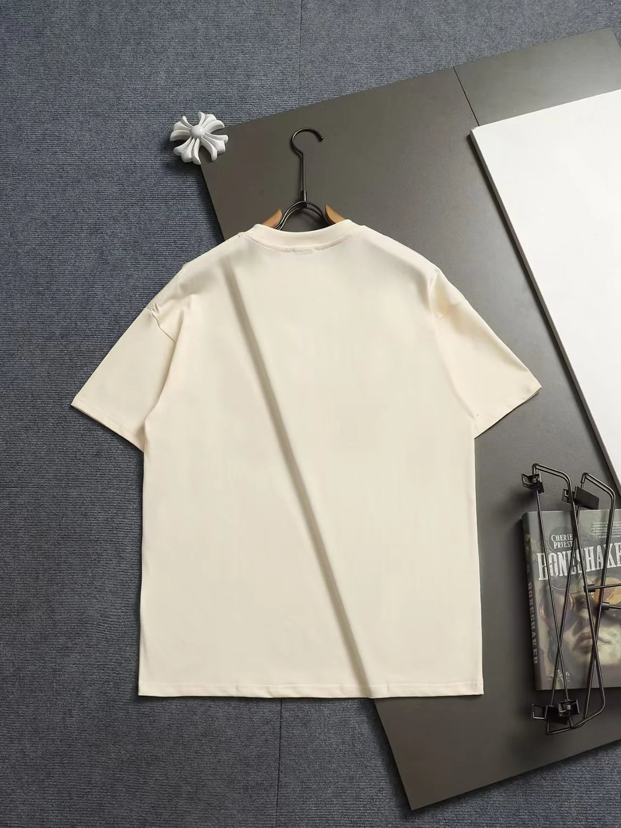Yves Saint Laurent Embroidered Logo Beige Black Taupe Casual T-Shirt