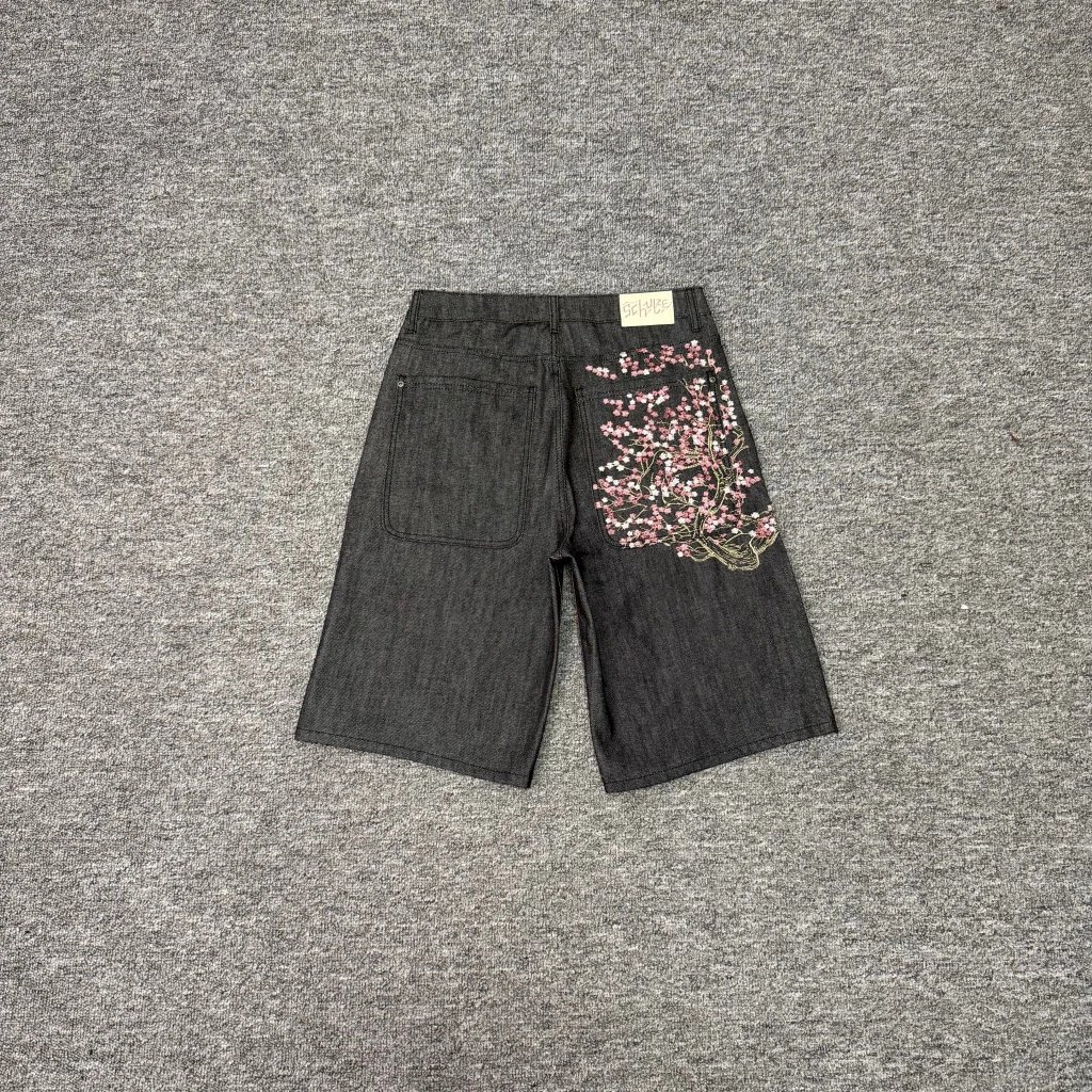 2019 Embroidered Cherry Blossom Cowboy Shorts (Black)