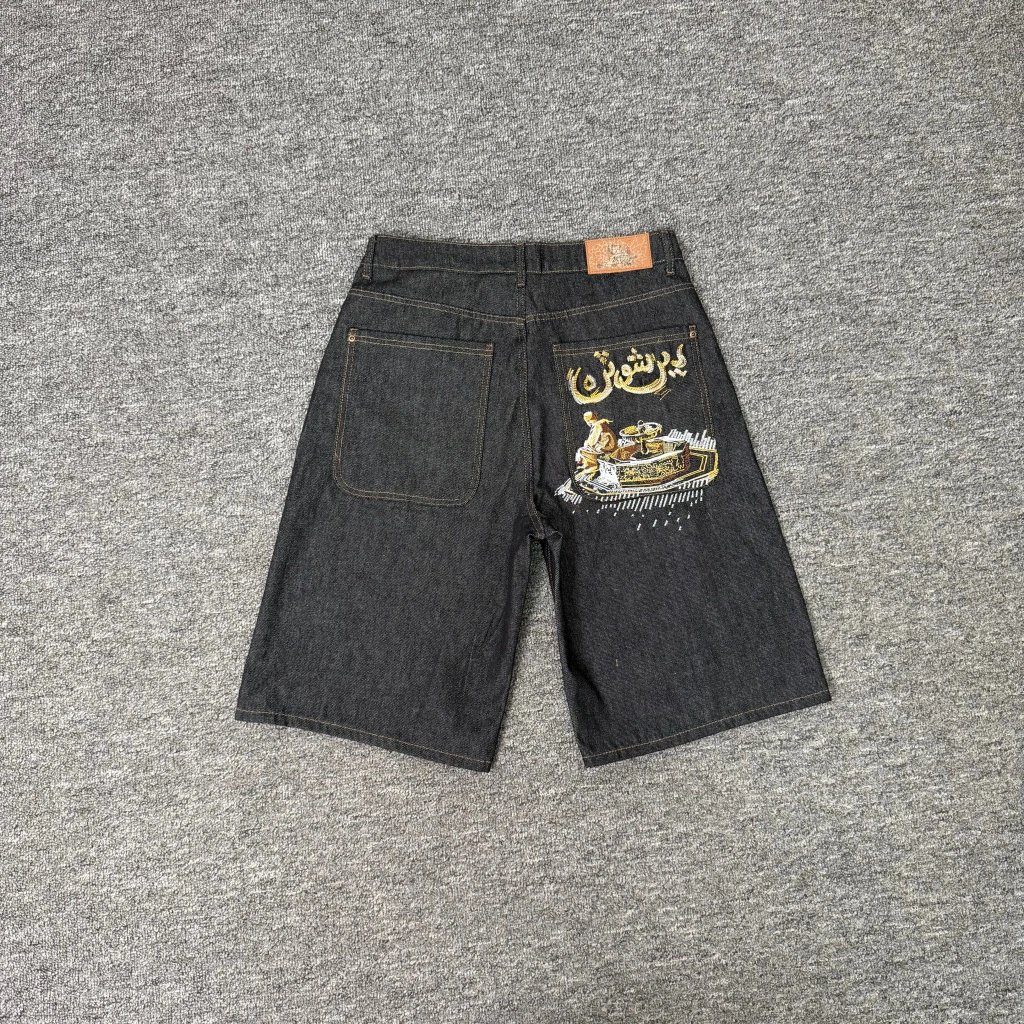 021-aziza embroidered denim shorts (black)