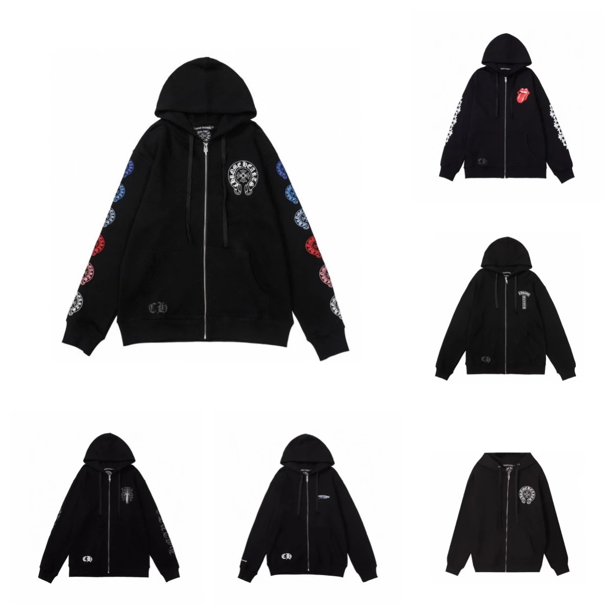 Black Zip-Up Hoodie with Colorful Embroidered Patches