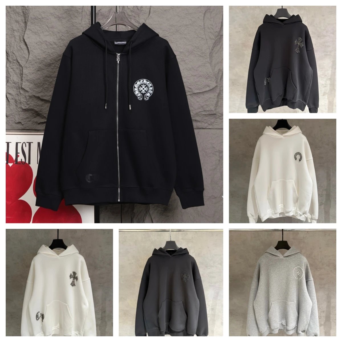 Black Zip-Up Hoodie with Embroidered Cross