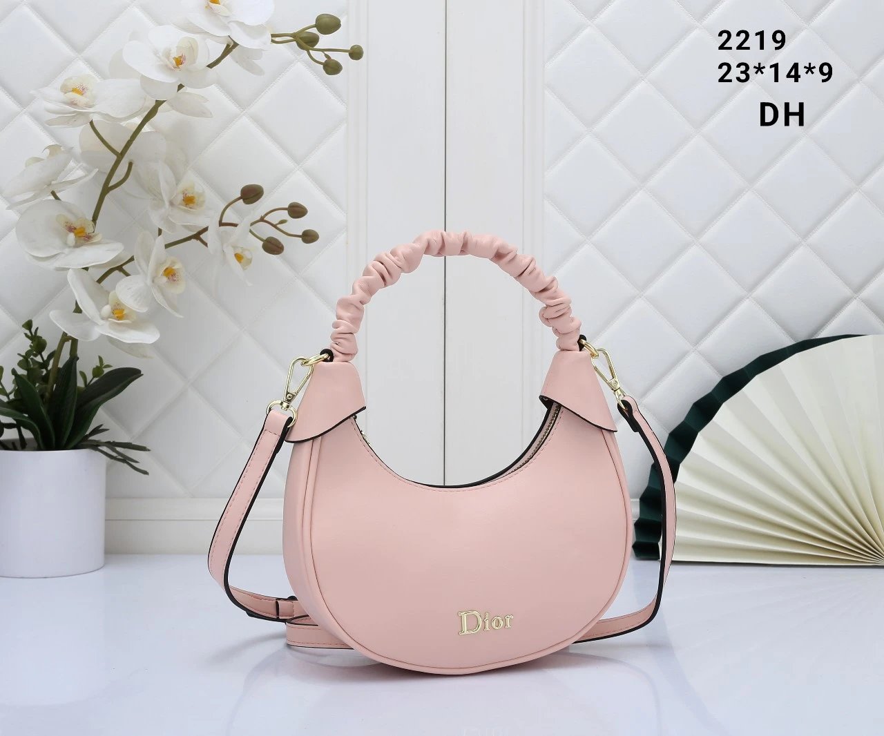 Dior Hobo Bag Pink Leather Ruched Handle Shoulder Bag