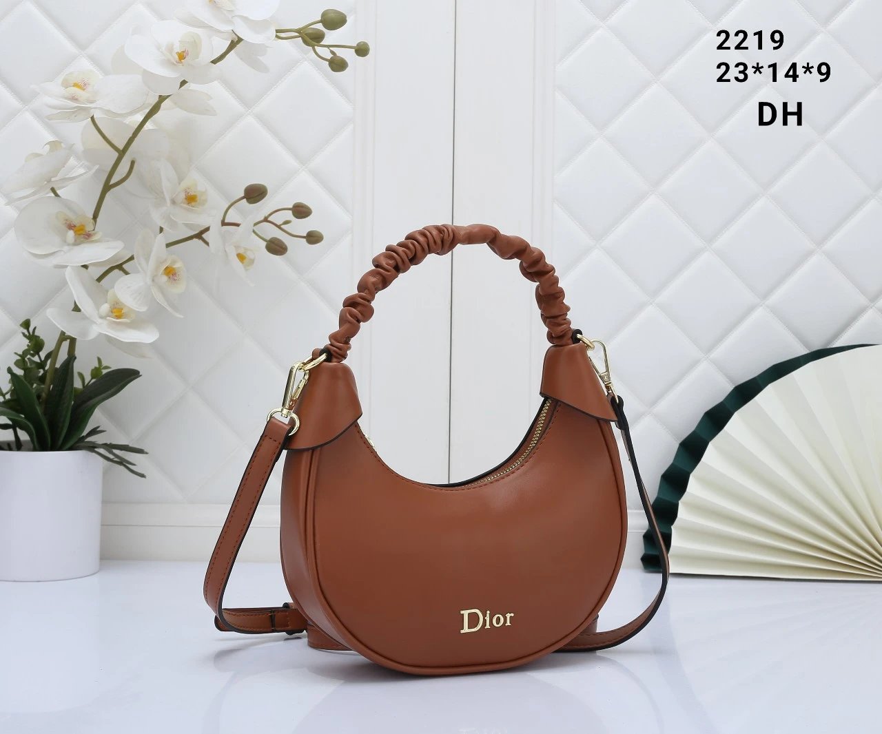 Dior Saddle Bag Brown Leather Ruched Handle Crossbody Bag