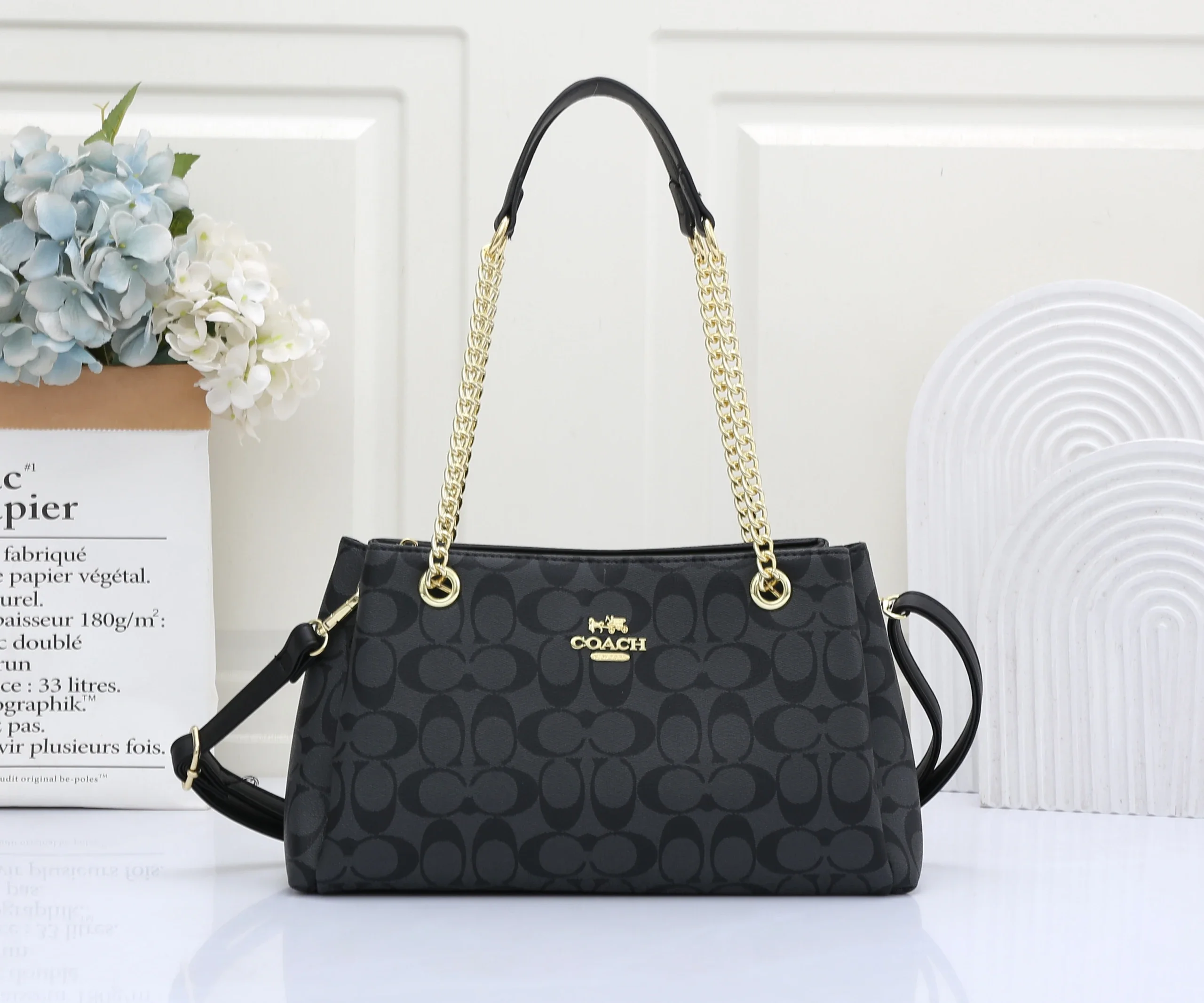 COACH Kira Chain Shoulder Bag — Black/Grey Signature Canvas