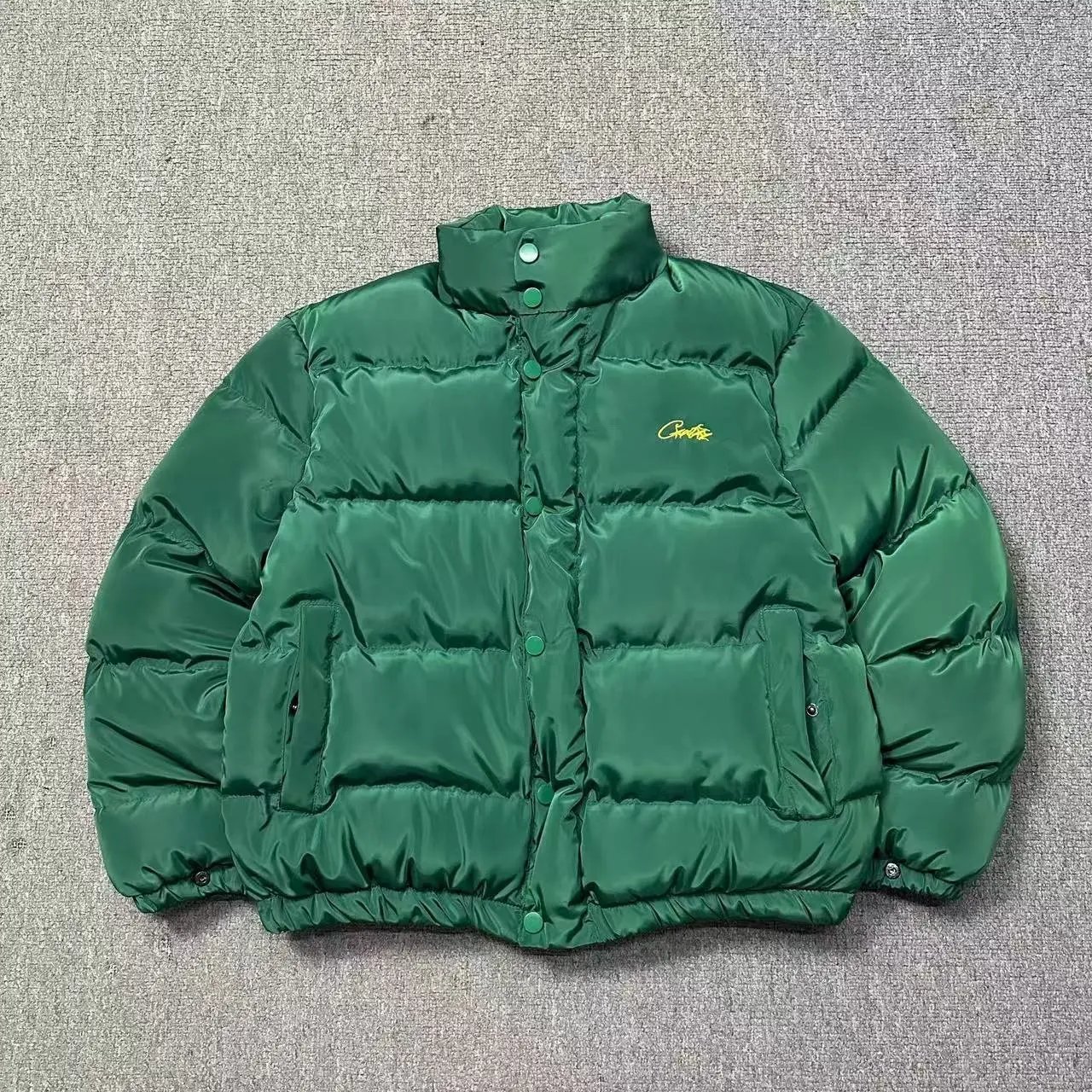 Stand Collar Quilted Jacket - Green with Yellow Label