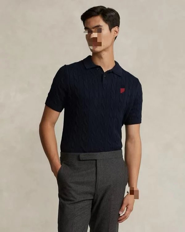 （￥168）##Cable-Knit Cotton Polo Shirt 男款翻领麻花针织短袖 C