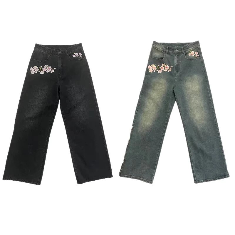 Blue wide leg jeans for spring slimming, soft denim, high-quality stretch straight leg floor length pants, men's plum blossom
